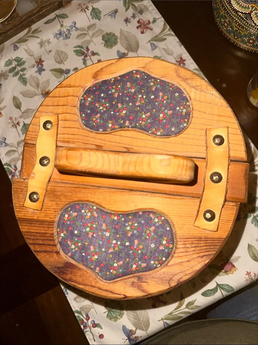 Vintage Wooden Sewing Basket with Navy Floral Fabric Trim